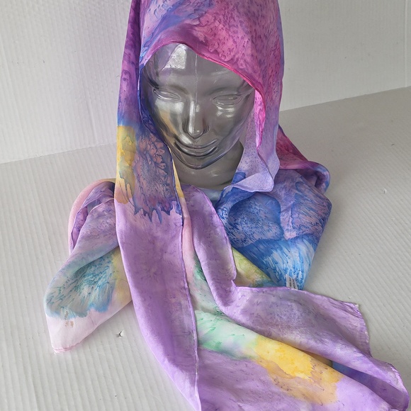 100% Silk Watercolor Tie‑Dye Oblong Scarf 13x67 Pastel Purple Blue - Picture 2 of 7